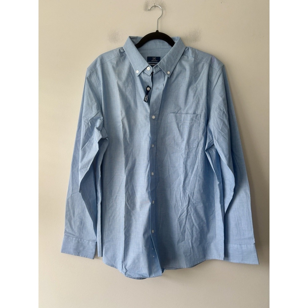 George NWT Classic Fit Blue Button Down Dress Shirt Long Sleeve Stretch Poplin L
